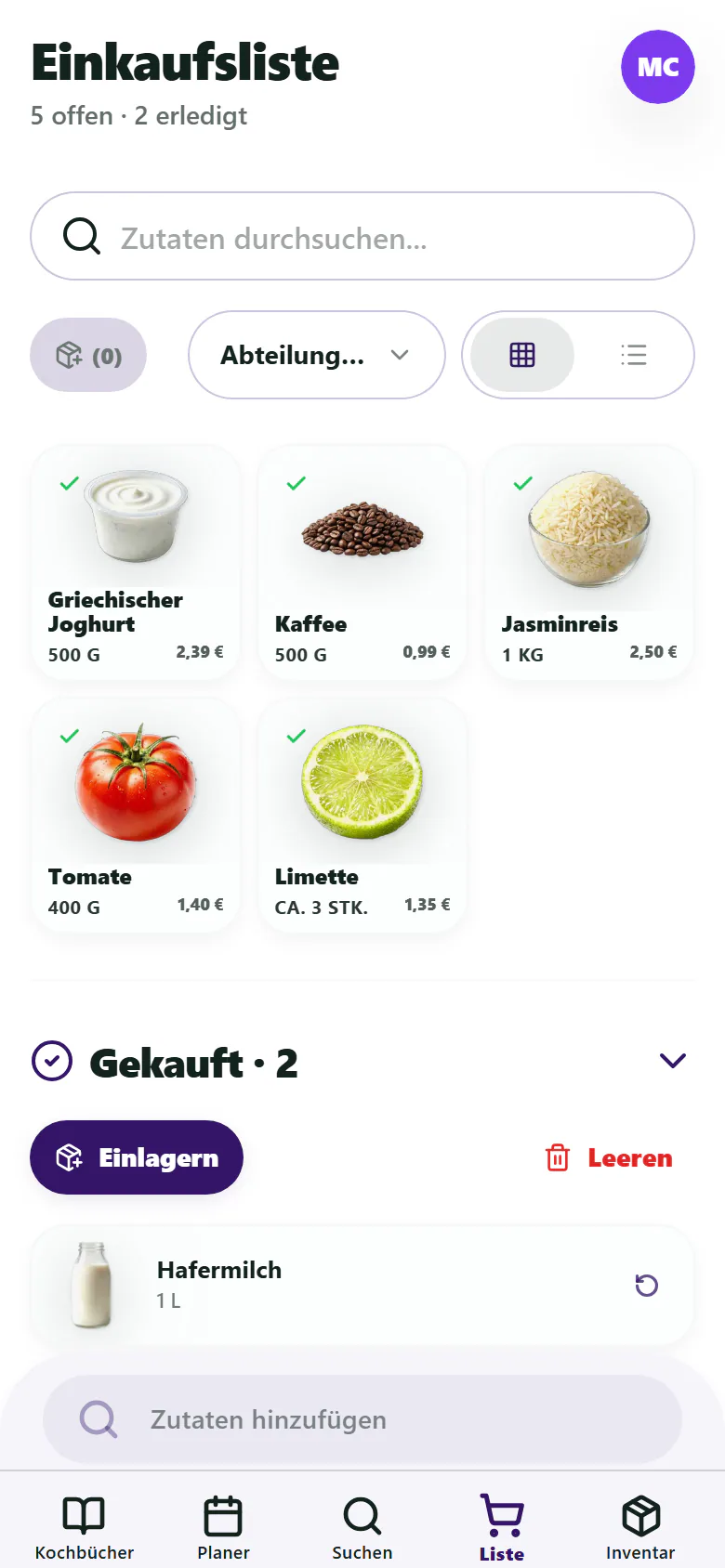 Nestra-Einkaufsliste mit Lebensmitteln, Mengen und Produktbildern