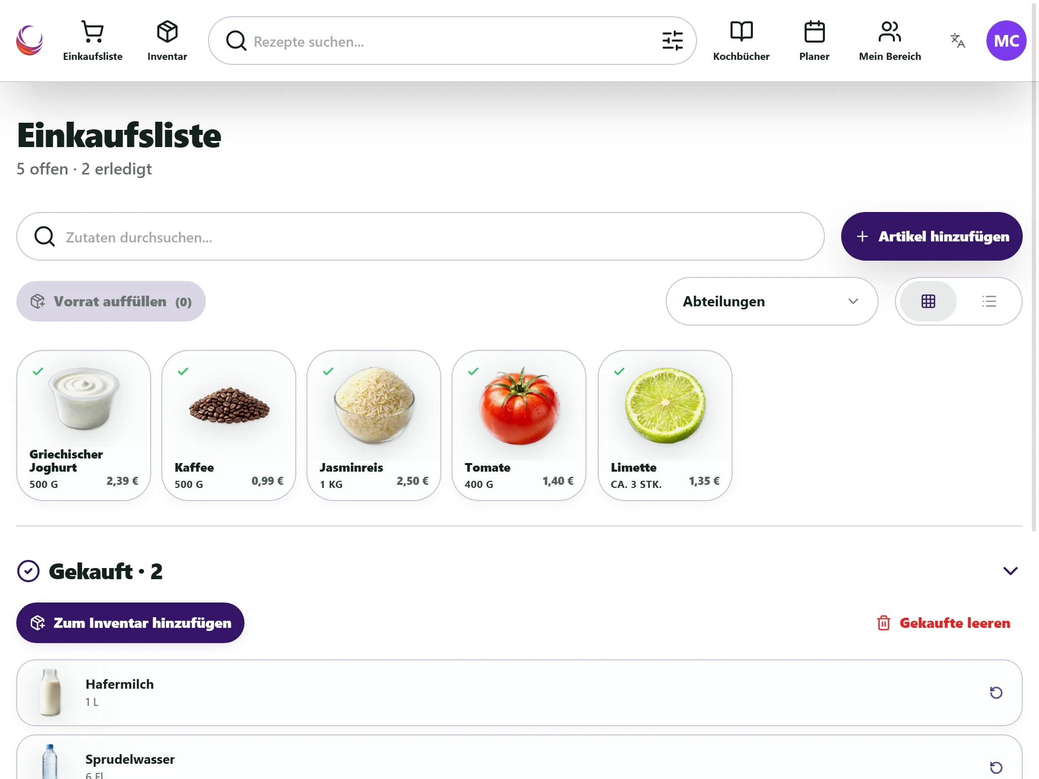 Nestra-Einkaufsliste mit Lebensmitteln, Mengen und Produktbildern